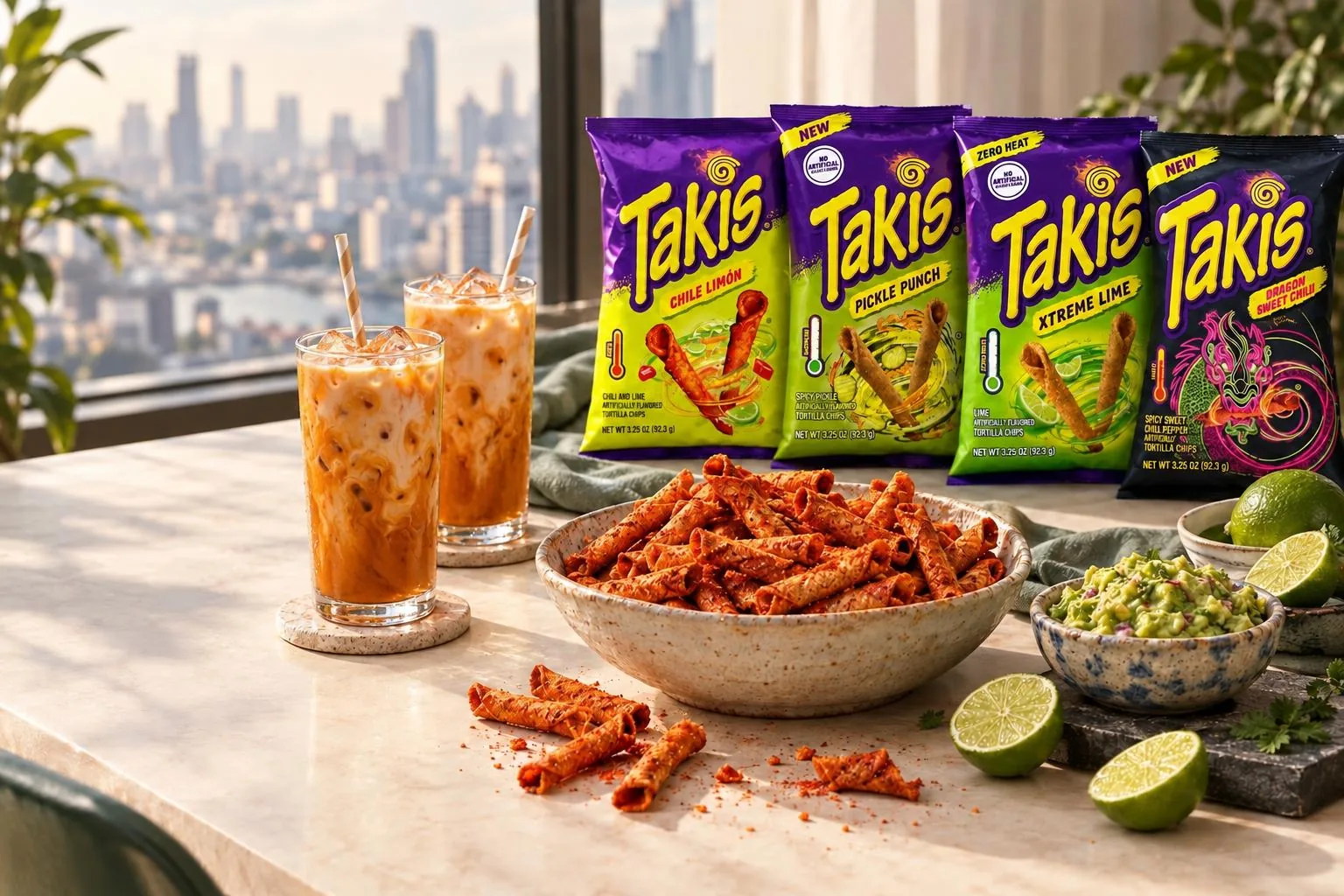 ทาคิสรส Chile Limón, Pickle Punch, Xtreme Lime และ Dragon Sweet Chili วางข้างชามข้าวโพดม้วน กัวคาโมเล มะนาว และชาเย็น ริมหน้าต่างวิวกรุงเทพฯ