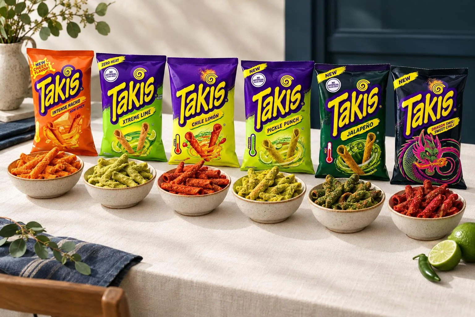 Six Takis flavours from mild to hot in a row: Intense Nacho, Xtreme Lime, Chile Limón, Pickle Punch, Jalapeño and Dragon Sweet Chili, each pack behind a bowl of its chips