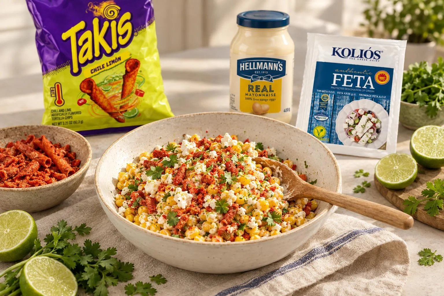 A bowl of sweet corn folded with mayonnaise, lime and feta, next to crushed Takis Chile Limón, Hellmann's Real Mayonnaise and Kolios feta